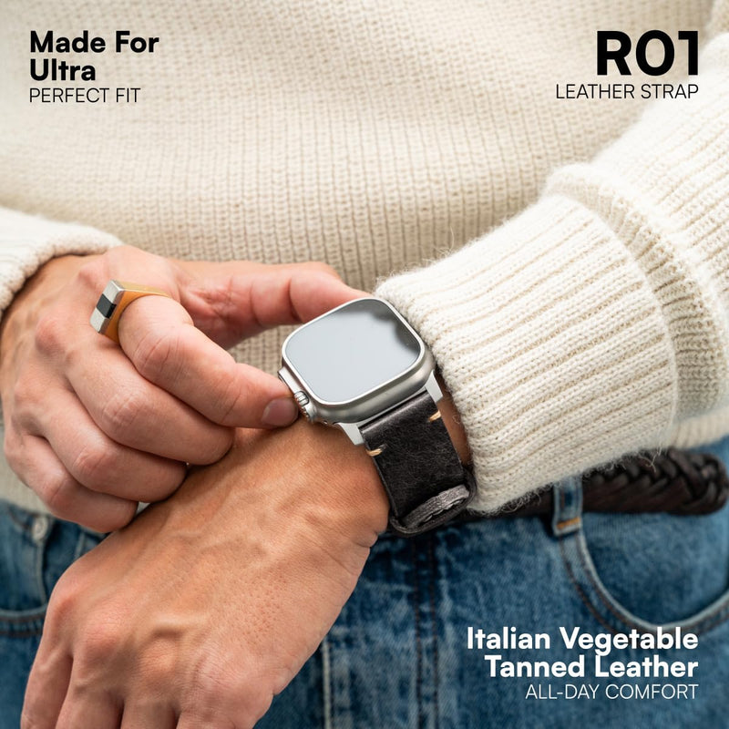 ROBUST Genuine Leather Watch Band for Men - Compatible with Apple Watch Bands 49mm - Replacement Strap for iWatch Ultra 2/1 SE, SE 2 Series 10 9 8 7 6 5 4 Black Leather