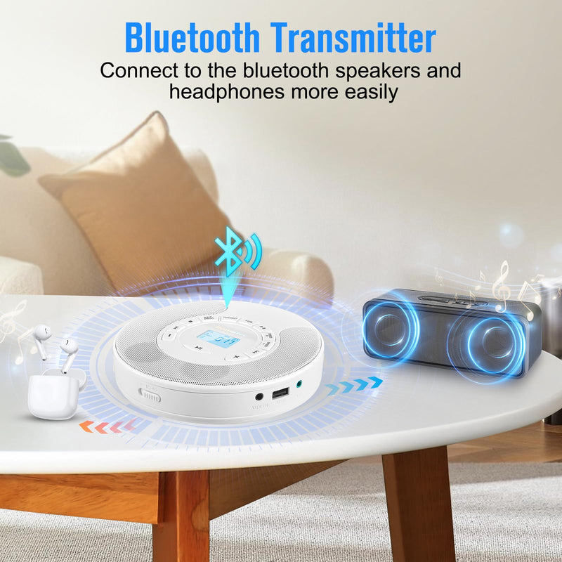 CD Player Portable, Rechargeable Dual Speakers Walkman, Bluetooth CD Player with Backlight LCD Display, support AUX/USB mode, Suitable for car,home,AUX Cable