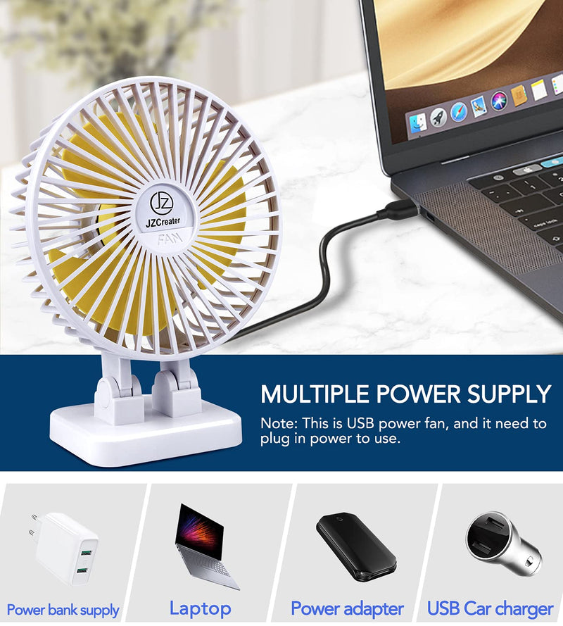 JZCreater USB Desk Fan, 5INCH Mini Fan, 3 Speeds Adjustable Desktop Table Cooling Fan in Single Button , Rotation Strong Wind, Quiet Personal Mini Fan for Home Desktop Office Travel,（White） White Yellow