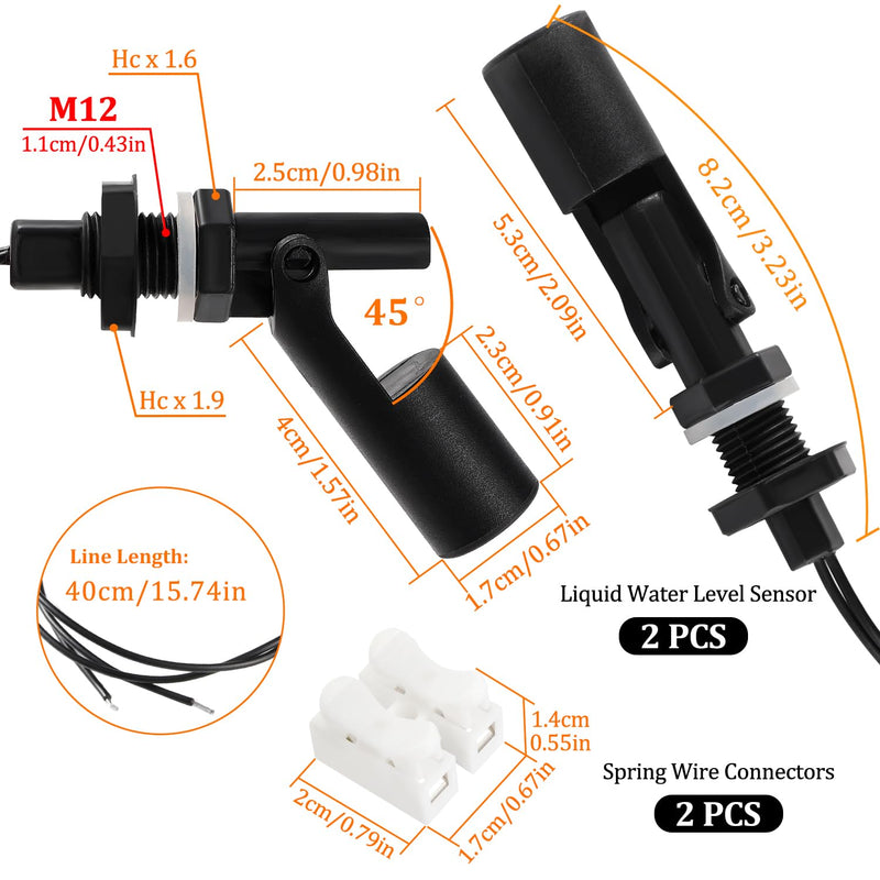 KUOQIY 2 x M12 10 W Water Level Sensor, PP Side-Mounted Horizontal Liquid Float Switch, Water Liquid Level Sensors, with Spring Wire Connector, for Tank Pool, Black M12 – Schwarz – 2 Stücke