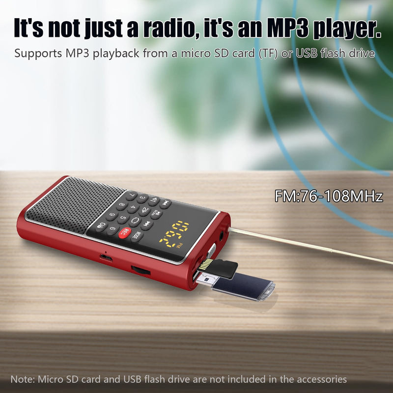 [AUSTRALIA] - Small FM Radio Pocket Portable Radio,Rechargeable Battery Operated,USB/Micro SD Card/TF Card Slot Mp3 Player,Numeric Key, with Recorder,Excellent Reception and Sound,Suitable for Home & Outdoor Use RED 