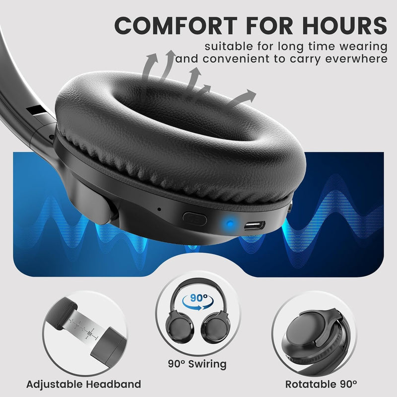 Bluetooth Headphones Over Ear,58H Playtime,Wireless Headset with Microphone HiFi Stereo Foldable Lightweight Deep Bass for Travel Home Office Cellphone (Black) Black