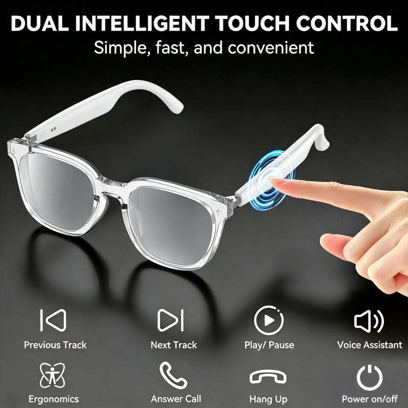 AI Smart Glasses, Bluetooth Glasses for Men & Women, Open-Ear Music & Calls | Touch Control,Voice Assistant,Audio Recording,Real-Time Translation,35g Lightweight for Business Meetings, Travel & Daily Use White Frame-Transparent Lens(Style1)