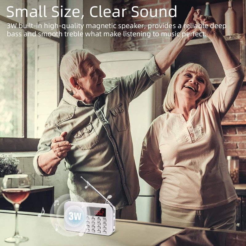 Mini Portable Radio AM FM Pocket Radio with MP3, LED Flashlight, Digital Radio Speaker Support Micro SD/TF Card/USB, Auto Scan Save, 1200mAh Rechargeable Battery Operated, by PRUNUS White