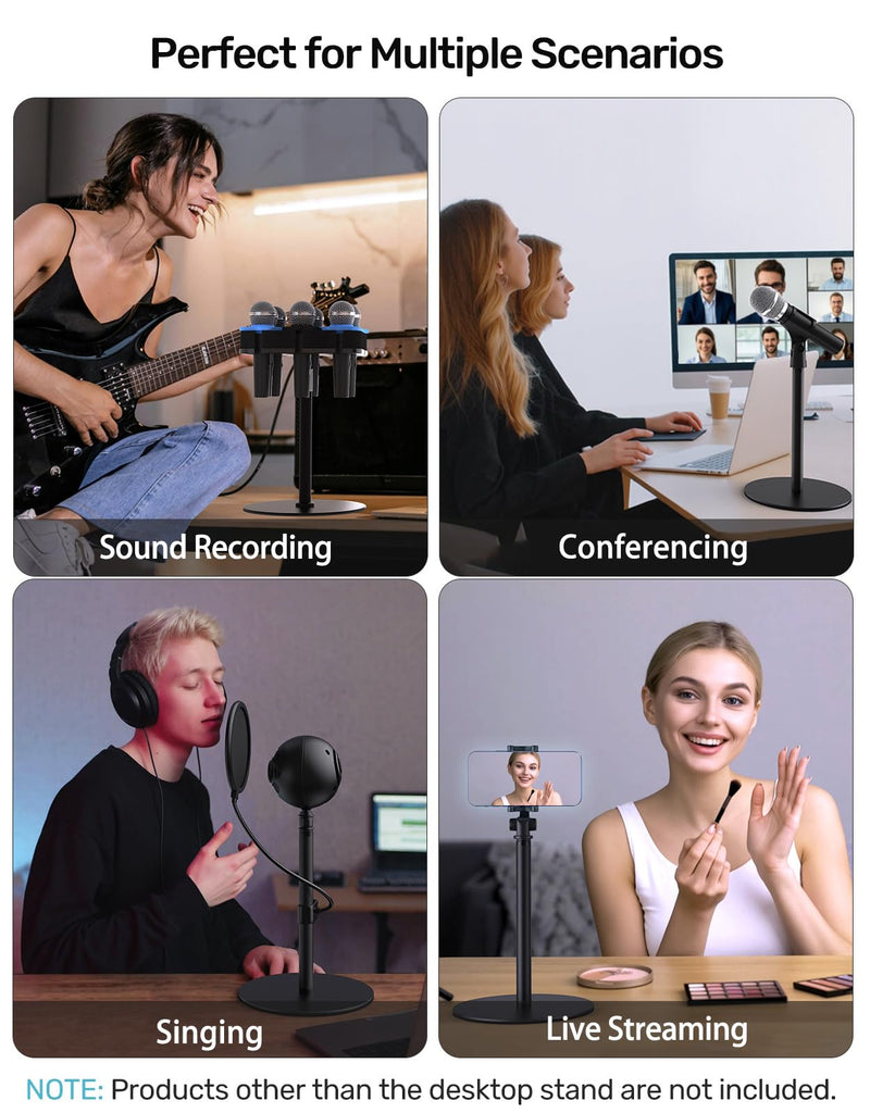 Desktop Microphone Stand, Weighted Base & Wide Compatibility, 3/8" Table Mic Stand with 5/8" and 1/4" Screw Adapters & Cable Ties, Ideal for Multi Microphone Holder, Podium, Podcasts, Meeting