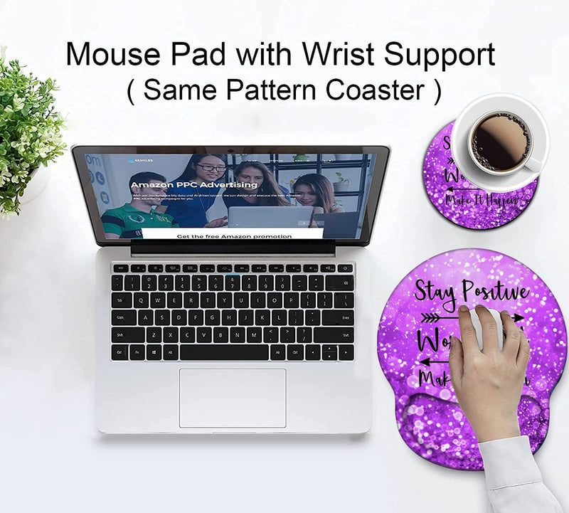 Mouse Pad with Wrist Support Gel Ergonomic Mouse Pads with Rest Support Mouse Pad for Home Office Working Pain Relief + Coaster, Stay Positive Work Hard and Make It Happen Purple Glitter Yu-mouse Pad-2-h24