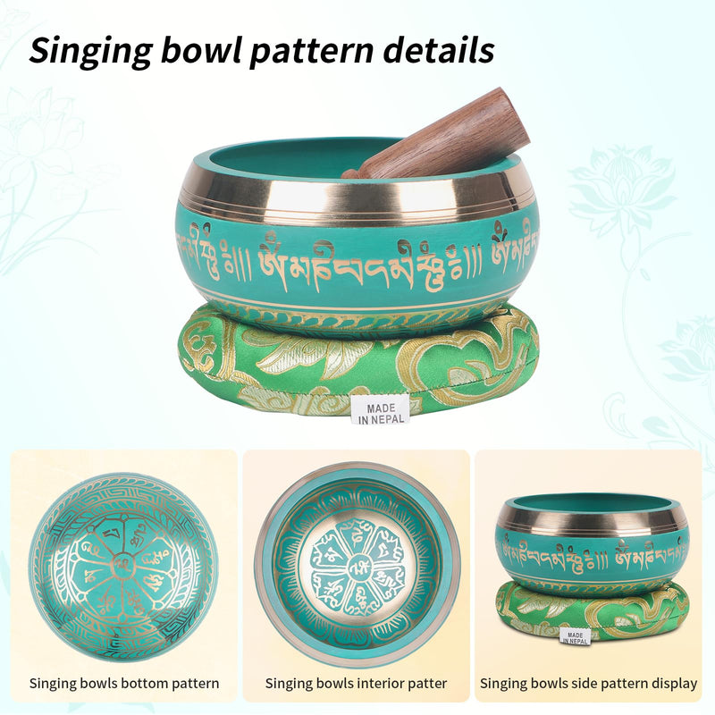 [AUSTRALIA] - Kmise Tibetan Singing Bowls Set- Handmade in Nepal Meditation Sound Bowls for Yoga, Meditation, Mindfulness, Healing and Chakra Balancing, Stress Relief (5', Green) 5inch Green Golden Flower 