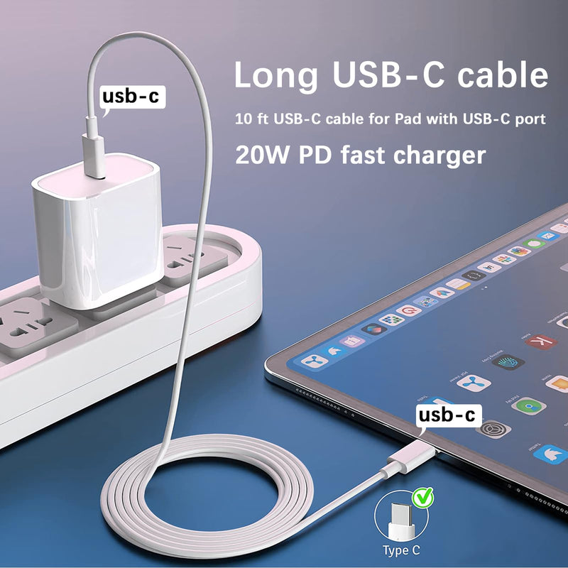 Fast Charger for iPad with USB-C Port, iPad Pro Chargers, GKW 20W USBC Fast Charging 10 ft for iPad 12.9/11/10.9 inch, Air 5th/4th, Mini 6th, 10th Generation, 10ft C to C Cable, 2Pack, White