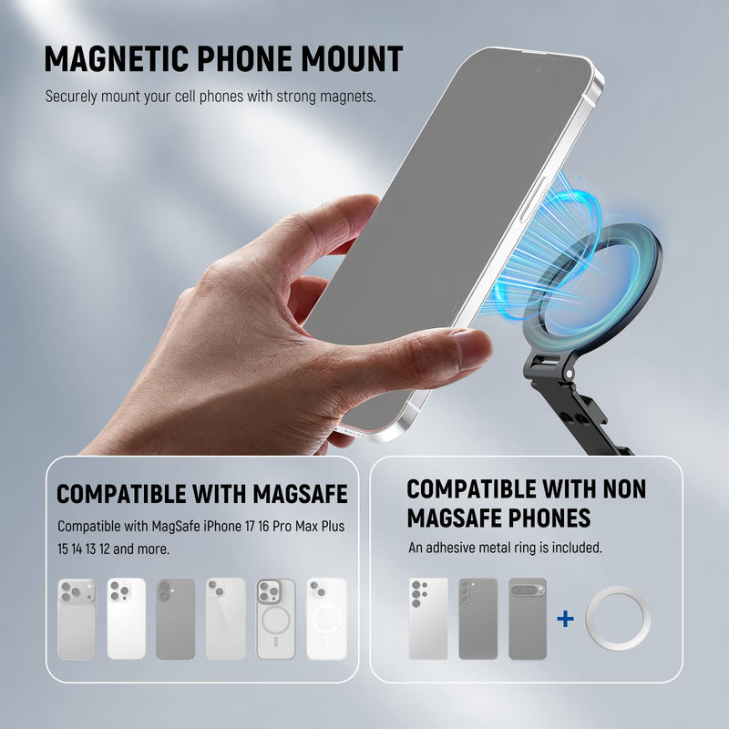 NEEWER Magnetic Tripod Phone Mount Cold Shoe Adapter, Aluminum Compact Lightweight Portable Phone Holder Attachment for Camera, Compatible with MagSafe iPhone Samsung Android Video Recording, CA163