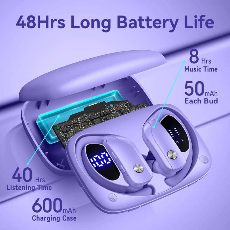 bmani 2 Sets Wireless Earbuds Bluetooth Headphones 48hrs Play Back Sport Earphones with LED Display Over-Ear Buds with Earhooks Built-in Mic Headset for Workout Purple+Blue