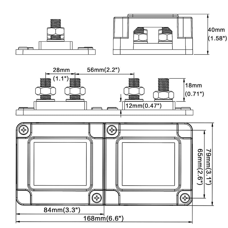 600A Bus Bar 12V Waterproof Power Distribution Block with 4 x M10(3/8") Terminal Studs Heavy Duty Marine Bus Bar Module Design for Automotive RV Car Marine Truck Boat 600A