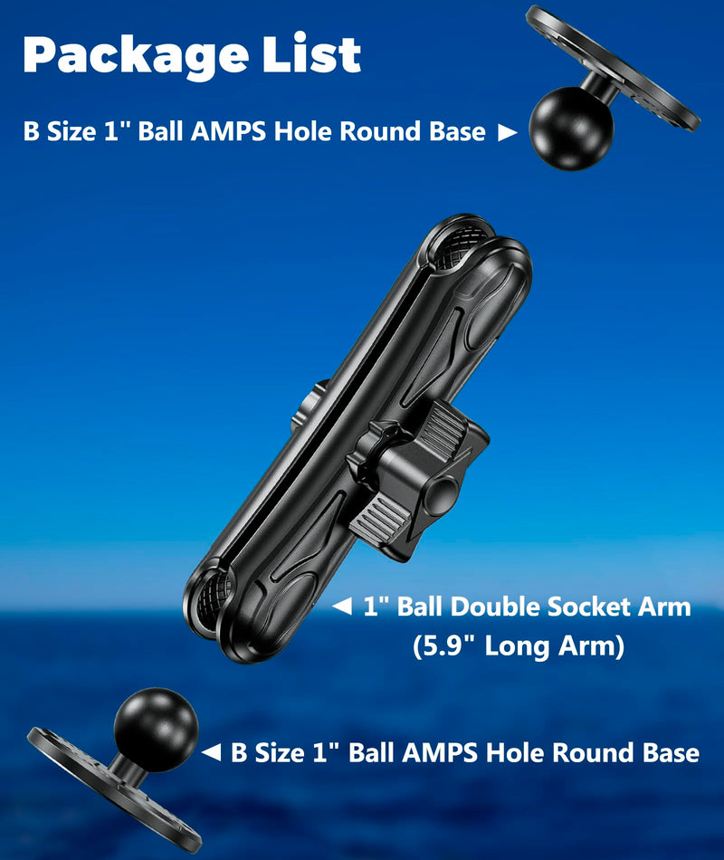 VAZESWIN 1" Ball Fish Finder Mount for Garmin Striker 4/Plus 4/Vivid 4cv | Aluminum Alloy, 5.9" Long Arm & Double AMPS Round Plates, Universal Marine Electronic Mount for Lowrance Humminbird Raymarine