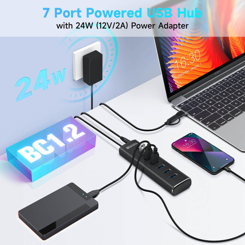 Rosonway 7-Port USB 3.2/USB C Hub 10Gbps with 3.3ft USB-A/USB-C Data Cable+ RSHTECH 4-Port USB C to USB-C 3.2 Gen 2 Hub 10Gbps USB Dongle
