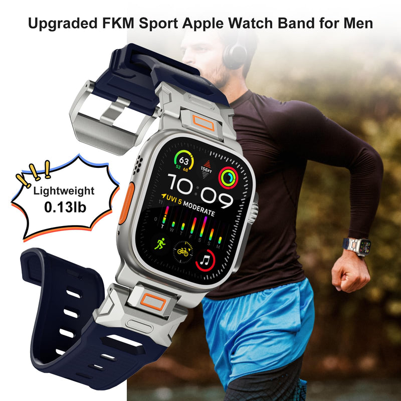 Sport Band for Apple Watch Ultra 2 & Ultra 49mm, FKM Rugged Ultra 2 Watch Bands for Men, Waterproof Apple Watch Wristband with Metal Connector, Men's Military Sport iWatch Replacement Strap 49mm-24mm Blue
