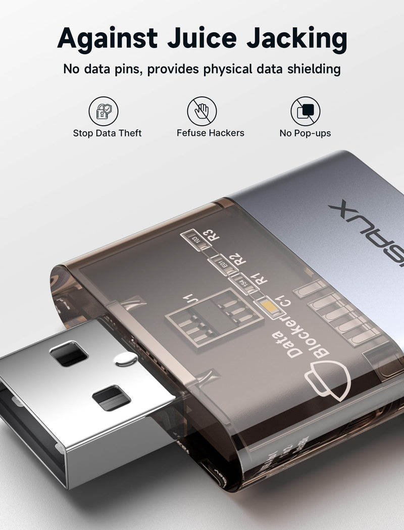 [AUSTRALIA] - JSAUX USB Data Blocker(2-Pack), Transparent 2-in-1 USB-A Male to USB-A & USB-C Female Data Blocker Only for Charge, Protect Against Juice Jacking, Refuse Hacking Provide Safe Charging 2 Pack(2-in-1) Grey 