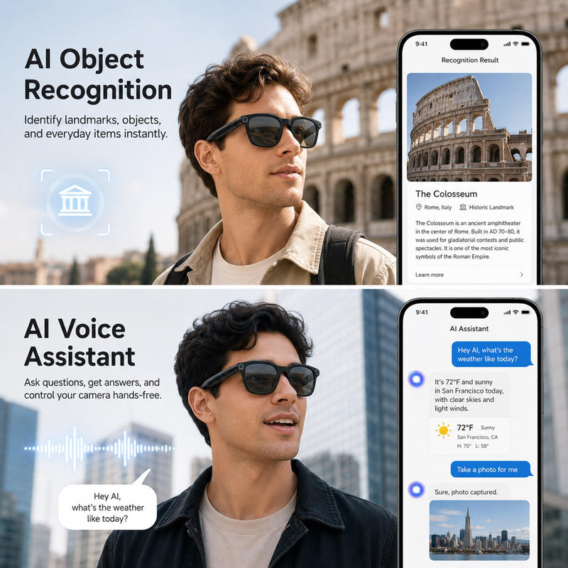 AI Smart Glasses with Camera,Photo Capture &4k Video Recording Glasses,Real-Time Translation, Open-Ear Audio, Object Recognition, Camera Sunglasses AI Assistantfor Vlogging, Travel, Business