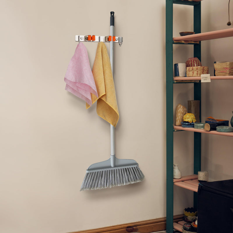 TMY Broom Holder Wall | Tool Holder 27 cm | Broom Holder 3 Hooks 2 Holders | Garden Tools Holder for Kitchen Bathroom | Wall Mount Broom Mop Tools Keys | Self-Adhesive for Screwing On 1-pack Orange