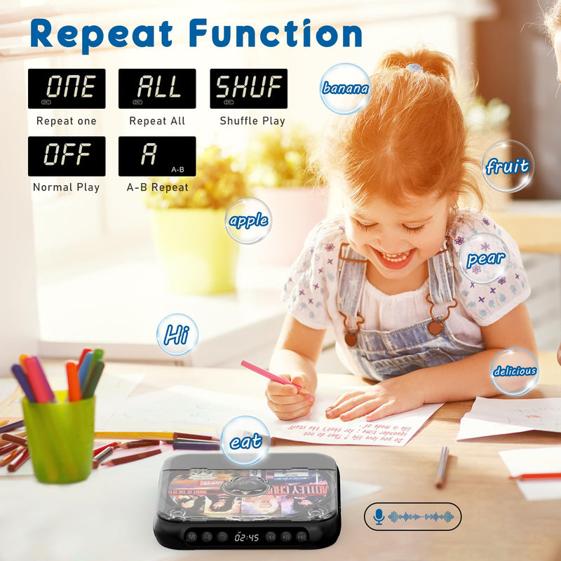 Portable CD Player with Bluetooth, Rechargeable Small CD Player, Built-in HiFi Speakers, Walkman CD Player with Headphones, LCD Screen, Support CD/AUX/USB/Repeat, Black