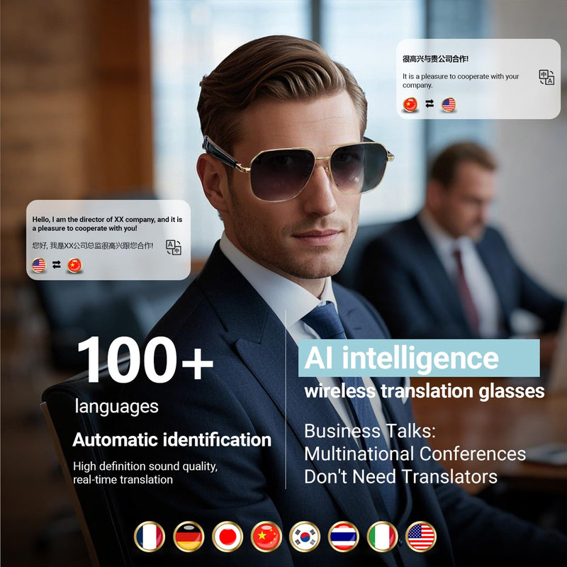 AI Smart Translation Glasses for Travel & Business, Real-Time 100+ Language Translator, Wireless Open-Earphones Design with Music Playback & Touch Control,Lightweight Eyewear (GD/BN) GD / BN