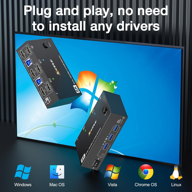 KVM Switch 2 Monitors 2 Computers HDMI 4K@144Hz, USB 3.0 Dual Monitor KVM Switch for 2 Computer Share 2 Monitor and 4 USB3.0 HUB,Wired Remote,12V Power Adapter and USB Cable Included black 2 Monitor 2 PC