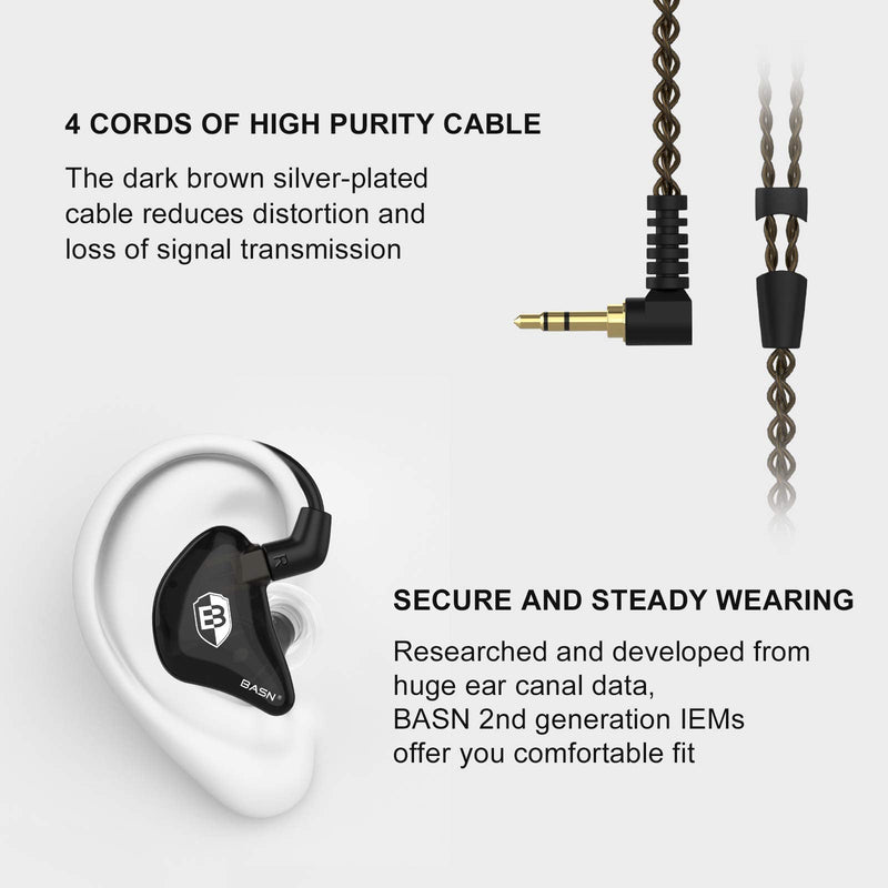 BASN Bsinger 2nd Generation in Ear Monitor Headphones for Musicians, Black | Sound Isolating Earphones with Dual Dynamic Drivers Detachable MMCX Cable