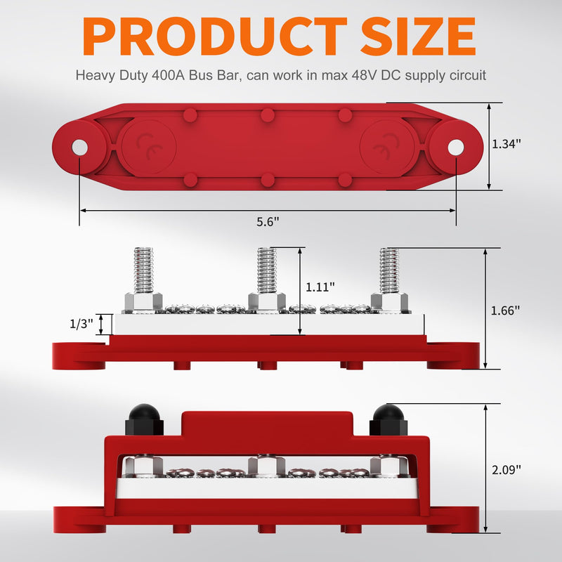 Joinfworld Power Distribution Block 400A Bus Bar 12V 48V with 3 x 5/16"(M8) Studs Marine Bus Bar Terminal Block 12 Volt DC Battery Busbar with Cover - Negative&Positive 400A 3x5/16"(M8) Studs
