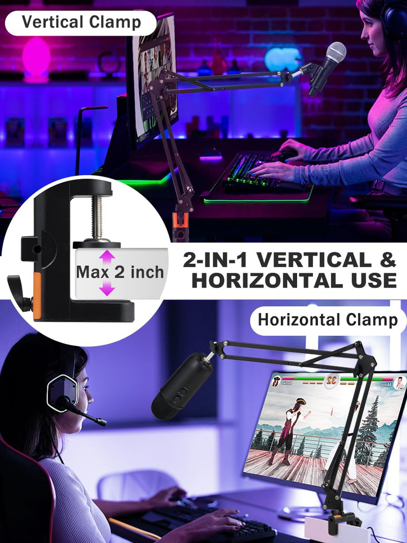 Microphone Boom Arm, Adjustable Suspension Boom Scissor Arm Stand with Heavy Duty Clamp, Pop Filter and Mic Clip Compatible with Yeti, QuadCast Snowball.
