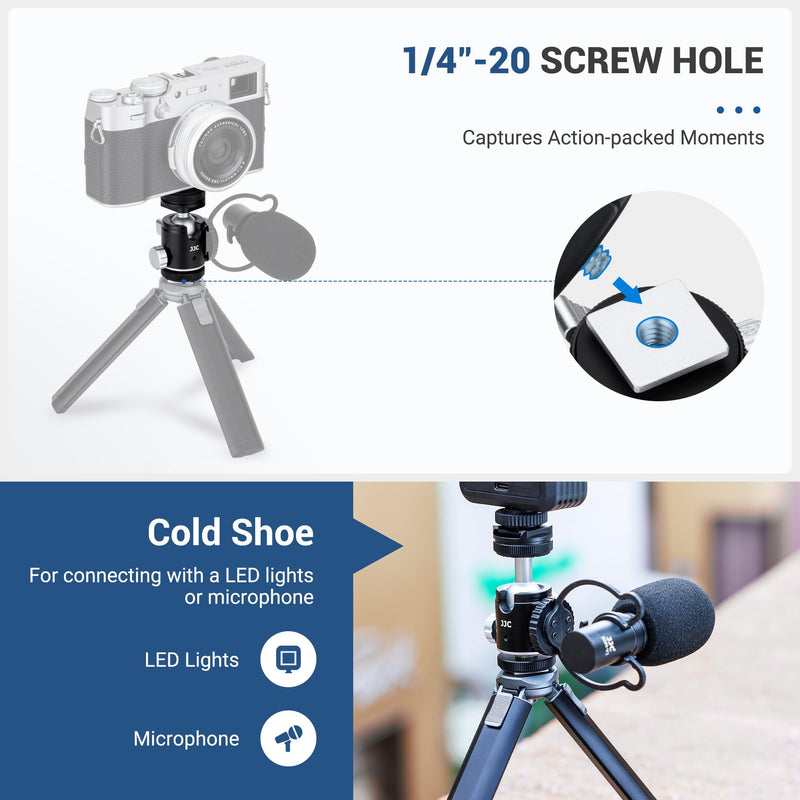 [AUSTRALIA] - JJC 1/4''-20 Camera Tripod Ball Head Mount Adapter, Mini Ballhead with Cold Shoe Mount for Camera DSLR Tripod Selfie Stick LED Light Flash Microphone Phone Cage, 360-Degree Rotation, 90-Degree Tilt Ball Head with 2 Cold Shoe Mount 