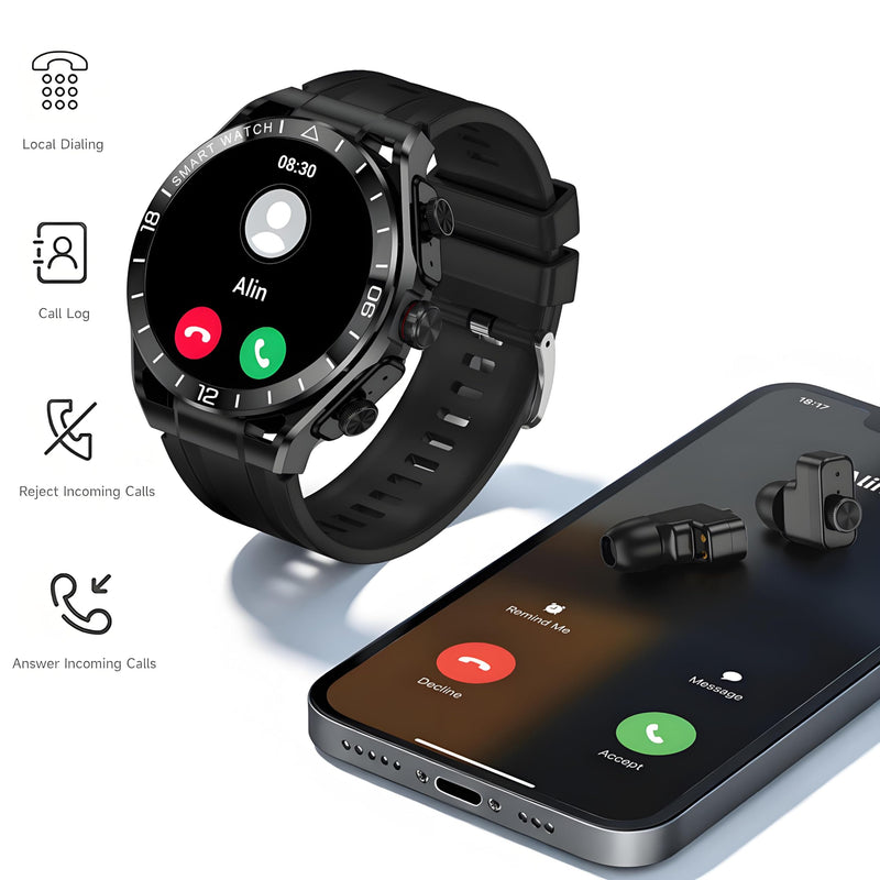 2 in 1 Smart Watch with Earbuds,1.52" Round Screen Fitness Tracker | Ultra-Thin Metal Body,Fitness Tracker Step Counter,HiFi Stereo Sound,Smartwatch for Android iOS Black Gold