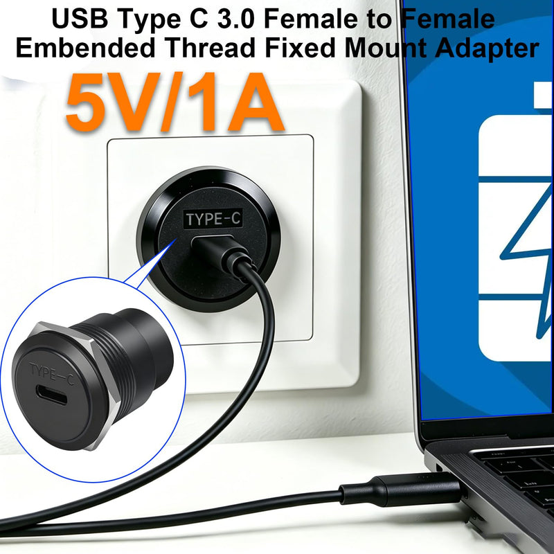 USB C Panel Mount Connector, USB Type C 3.0 Female to Female Threaded Fixed Mount Adapter, 5Gbps & 5V/1A Embedded Mount Coupler for Mobile,Tablet