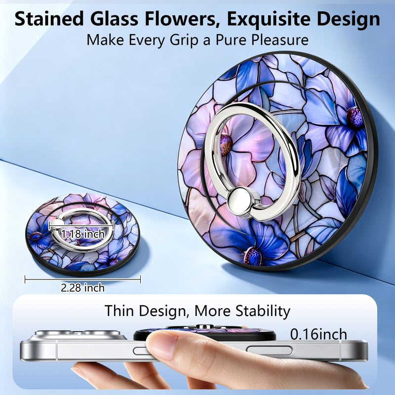 Magnetic Phone Ring Holder with MagSafe, 360° Rotation Super Magnet Finger Grip Removable Kickstand, Cute Stained Glass Floral Designed Stand for iPhone 17 16 15 14 13 12 Pro Max Plus, Purple Flower