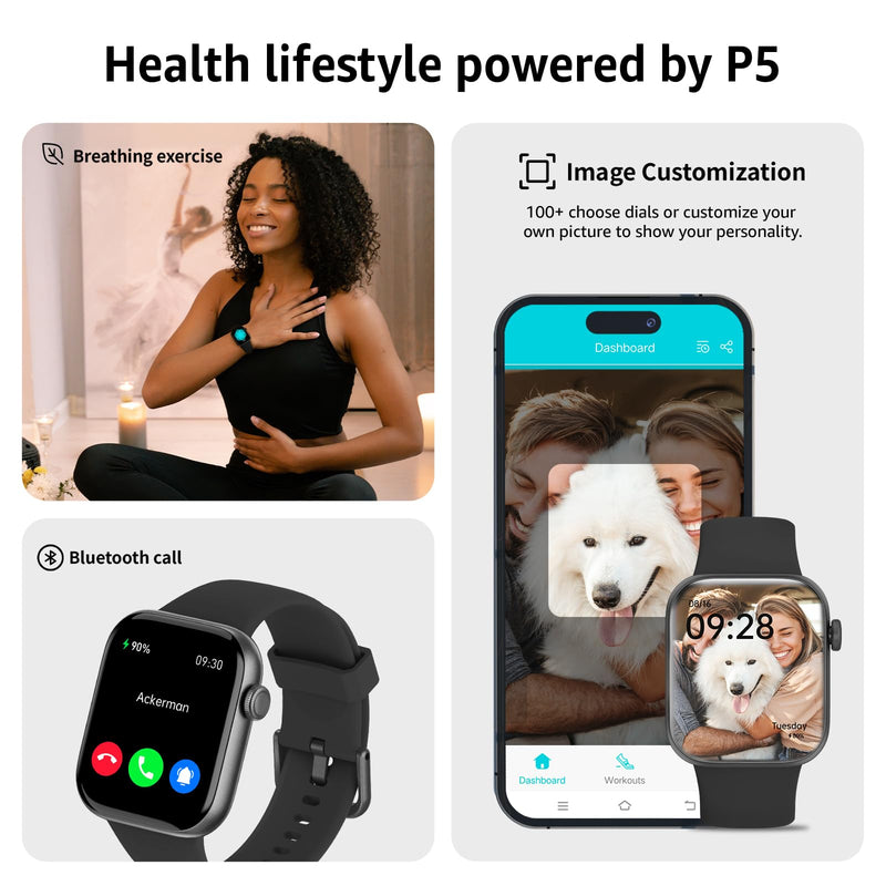 Smart Watches for Men Women, 1.85" HD Touchsreen, Bluetooth Calling, 5 ATM Water-Resistance, 140+Sports Modes, Health, Fitness & Sleep Tracker, Timer, Pedometer, FitnessWatch for Android/iOS Black