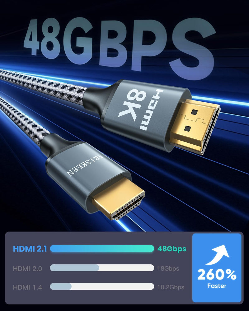 ARISKEEN 8K HDMI Cable 60FT, 48Gbps High Speed Fiber Optic HDMI 2.1 Cable, 8K 60Hz, 4K 120Hz Support for HDR 10, HDCP 2.2 2.3, Unidirectional Braided HDMI Cord Compatible with Laptop/HDTV - 60 Feet 1