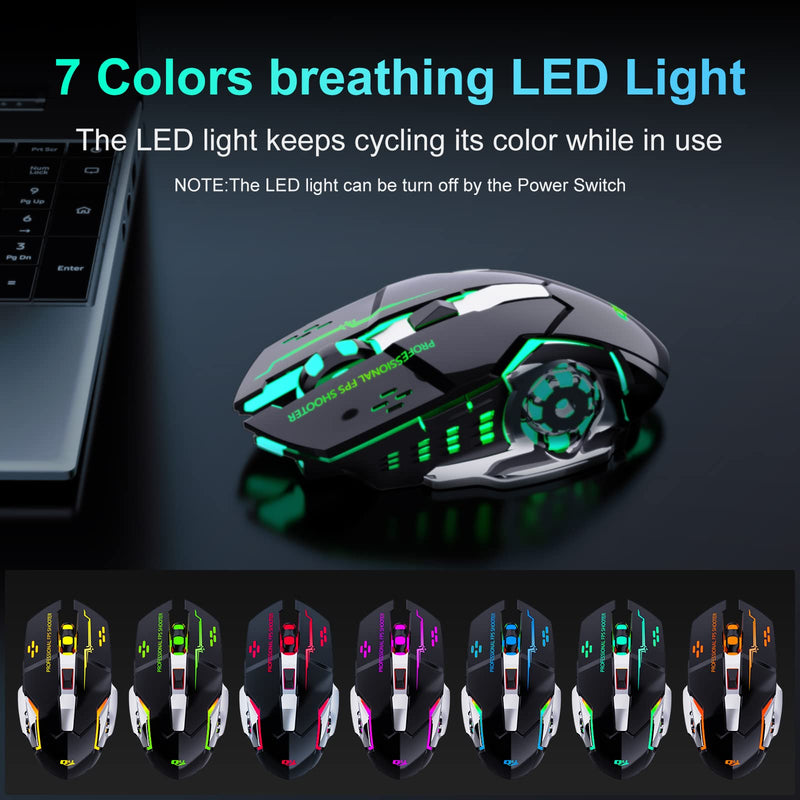 QELIROKY QV13 New 2.4G Wireless Rechargeable Gaming Mouse Silent Click with 6 Buttons, 3 Adjustable Levels DPI , Colorful LED Lights for Laptop, iPad, MacOS, PC, Windows, Android (Black)