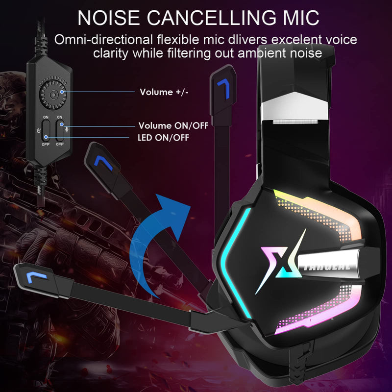 targeal Gaming Headset with Microphone for PC PS5 PS4 Switch Laptop Mac, USB Wired 7.1 Surround Sound Gaming Headphones with Omni-Directional Noise Canceling Mic, RGB LED, Without Type C Cable SKY-917
