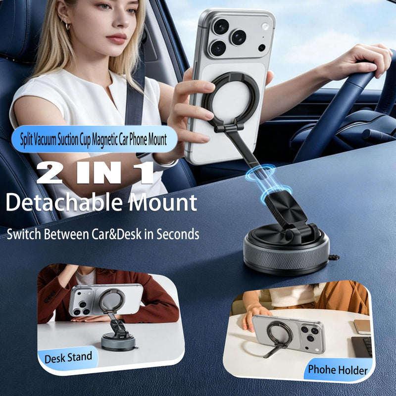 2-IN-1 Magnetic Car Phone Holder for Magsafe Phone Holders for Car-Gray | Vacuum Suction 360°Rotation Detachable Cell Phone Car Mount Compatible with iPhone12-17Series MagSafe Accessories Gray