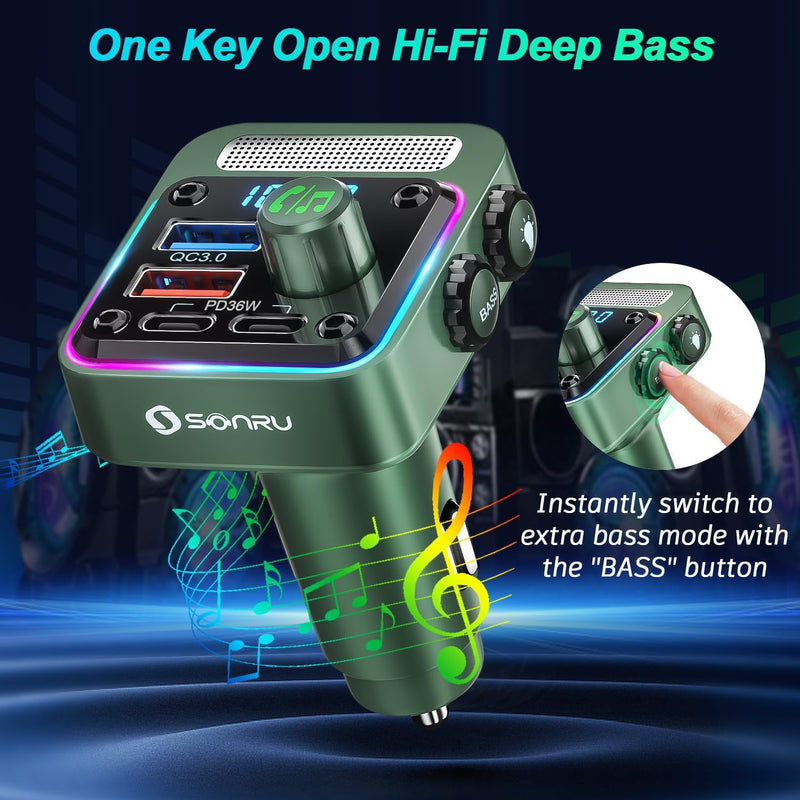 [AUSTRALIA] - Bluetooth 5.3 FM Transmitter Car Adapter - SONRU Car Charger 54W [PD 36W & QC3.0 18W], Wireless FM Radio Transmitter [HiFi Treble & Bass Player], 5 Colors LED Backlit, Hands-Free Calling, U-Disk Green 