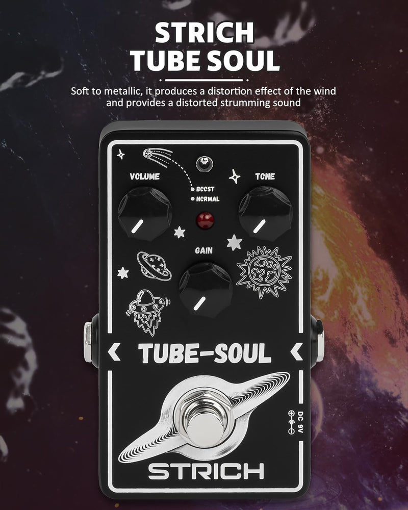 STRICH TUBE SOUL Tube Overdrive Distortion Pedal for Electric Guitar, Compact Mini Single Unit, True Bypass, 3 Control Knobs, Volume, Tone, Gain, Dual Modes, Boost, Normal, 9V DC, Black and White Black and White Overdrive Distortion