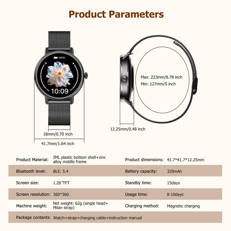 Smart Watches for Women Android / iPhone, 1.26" AMOLED Fitness Tracker with Bluetooth Calls, 8 Days Battery Life/Heart Rate Monitor/100+Sports Model, IP68 Waterproof Women's Smartwatches(2 Bands) Black X30