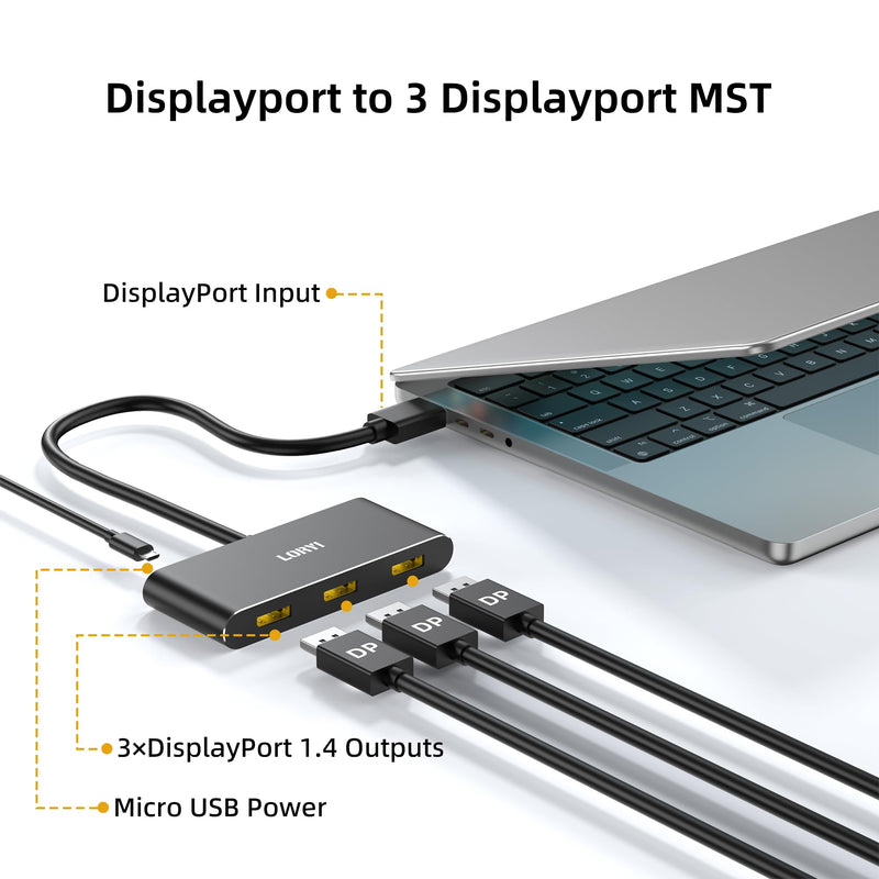 3-Port Displayport Splitter,DP1.4 to 3×DP Multi-Monitor Splitter,Single 8K, Dual 4K 120Hz,MST Displayport hub 1 in 3 Out,Windows Only