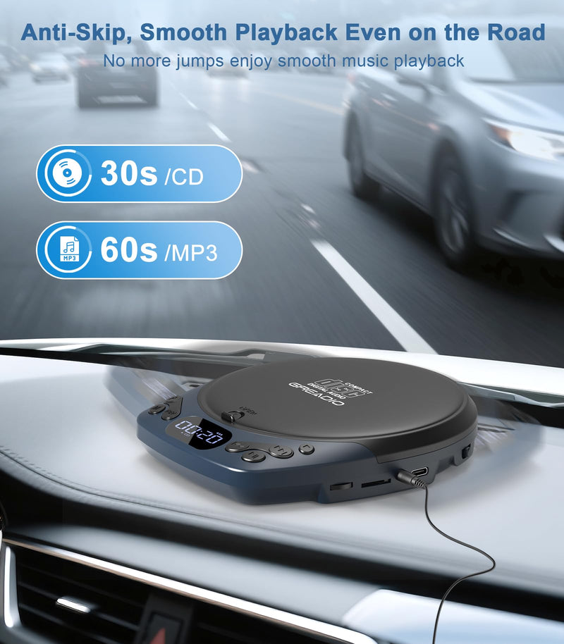 [AUSTRALIA] - Portable CD Player with Headphones, Rechargeable Discman CD Player for Car & Home, Small CD Players Portable with 60s Anti-Skip, Supports CD/MP3/WMA/TF Card/AUX, Backlit/Lock/Programmable/Timer Blue-CD Player with 1200mAh 