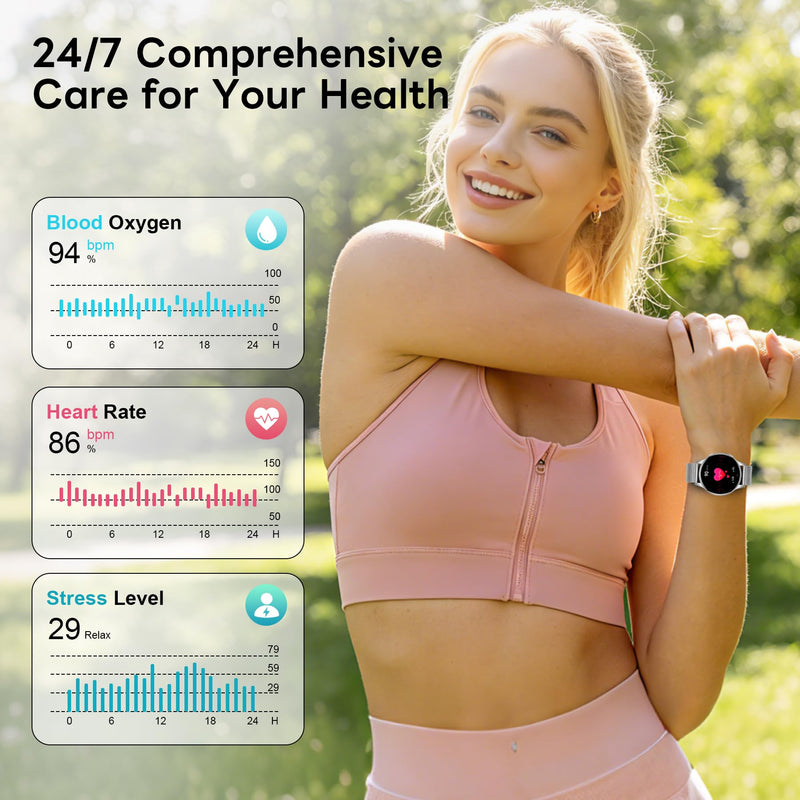 Smart Watch for Women, 1.27" HD Touchscreen Smartwatch with Bluetooth Call & Text Notification, 130+ Sport Modes, IP68 Waterproof Fitness Tracker with Heart Rate/Sleep Monitor, 3 Bands Silver-1