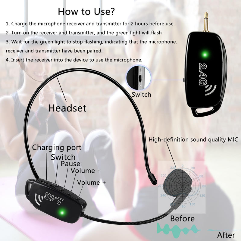 [AUSTRALIA] - Wireless Microphone Headset MIC Cordless: 2.4G Wireless Head MIC and Handheld Mic 2 in 1-160 FT Range with 1/8''&1/4'' Plug for PA System,Voice Amplifier, Fitness Trainer, Teacher, Singing Black1 