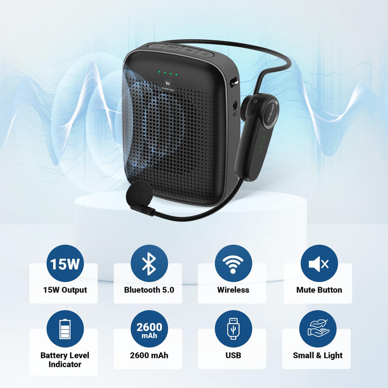 [AUSTRALIA] - Wireless Bluetooth Voice Amplifier for Teachers – 15W Portable Mini Amplifier Speaker with Wireless Microphone Headset, Personal Mic for Classroom, Teaching, Training & Public Speaking – A002 