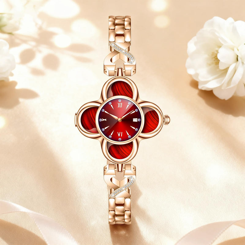 Red Clover Design Smart Watch for Women, Elegant Quartz Fitness Tracker with 24/7 Heart Rate SpO2 Monitor, Sleep Tracking, IP68 Waterproof Smart Bracelet, Message Notifications for Android iPhone