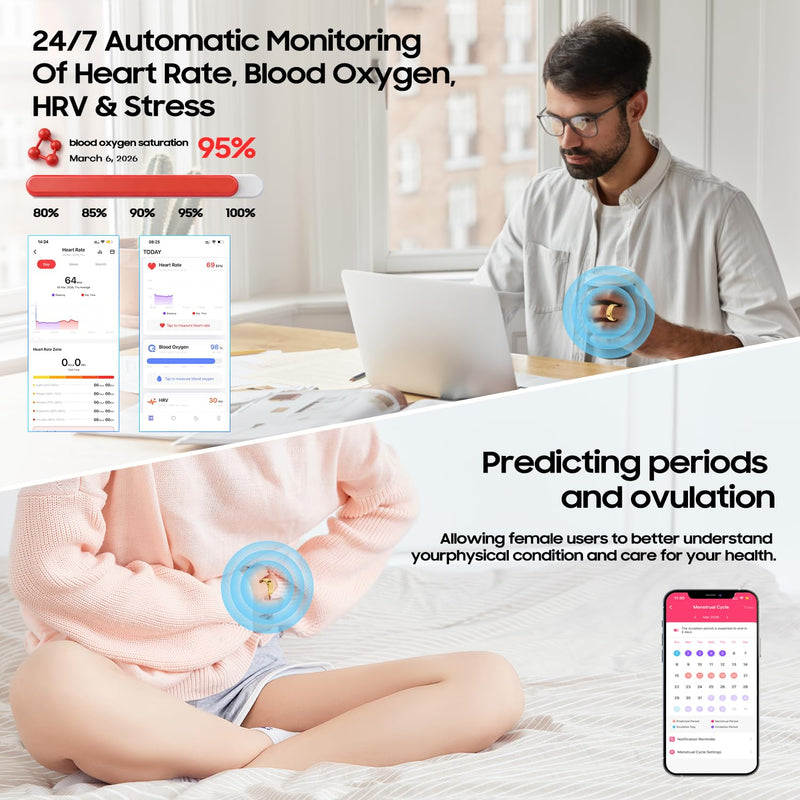 Smart Ring for Women Men, IP68 Waterproof Health Tracker with No Subscription Fee, Sleep and Stress Monitoring, Activity Fitness Ring, Android/iOS Compatible(Gold,9)