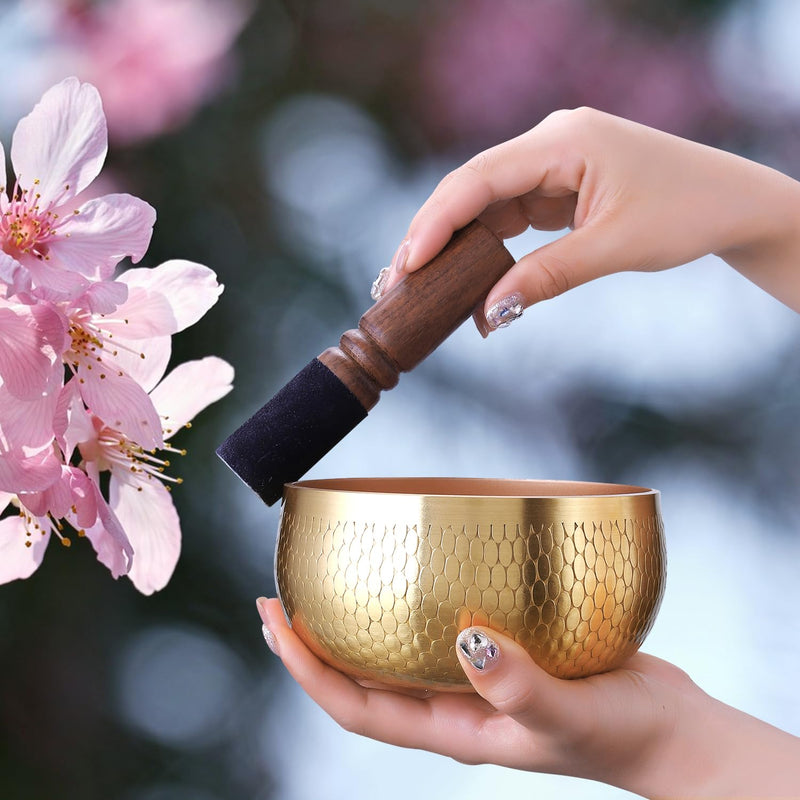 Tibetan Singing Bowl Set — Meditation Sound Bowl Handcrafted in Nepal, Long Lasting Sound for Deep Calming Relaxation, Meditation, and Sound Bowl Healing | Includes Mallet & Cushion(5") (4") 4"