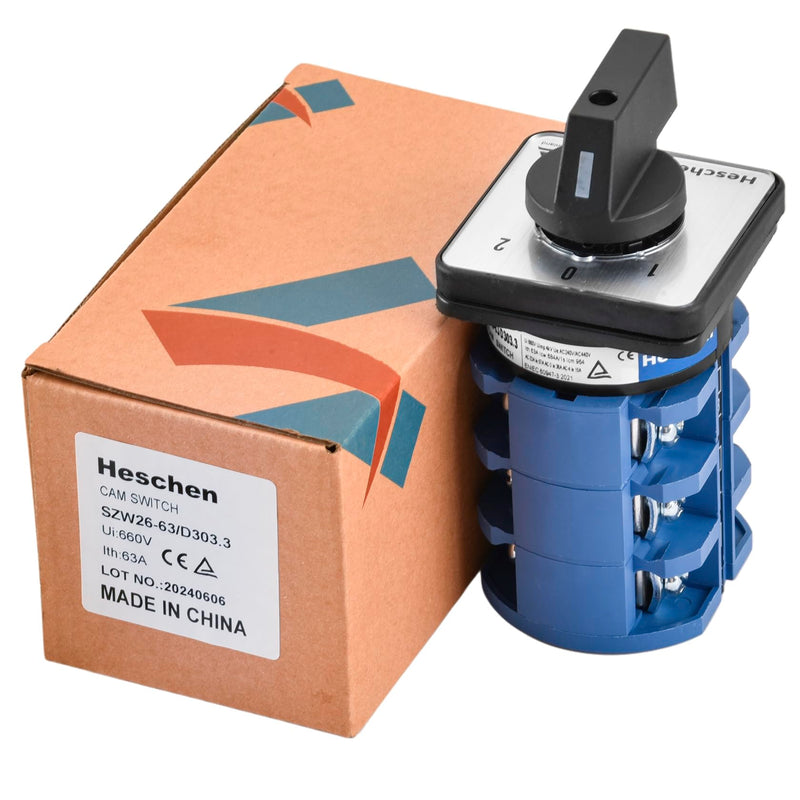 Heschen Universal Rotary Cam Selector Changeover Switch SZW26-63/D303.3 660V 63A ON-Off-ON 3 Position 3 Phase 12 Terminals CE