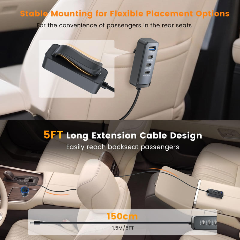 127.5W Fast USB C Car Charger Multiple Ports, 6 Port Road Trip Essentials | for iPhone 17/16/Android, Roadtrip Essentials for Kids, PPS 45W Supper Fast, 12V Cigarette Lighter Charger with 5FT Extension