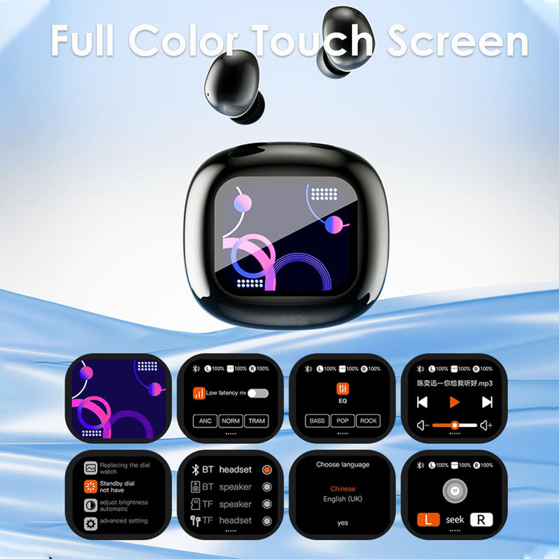 Touch Screen Earbuds Wireless Bluetooth Earphones ANC Noise Cancelling Waterproof Touchscreen Earbuds with Smart Screen Touch Case Small Tiny Smallest in Ear Earbud Long Battery Life Ear Buds White
